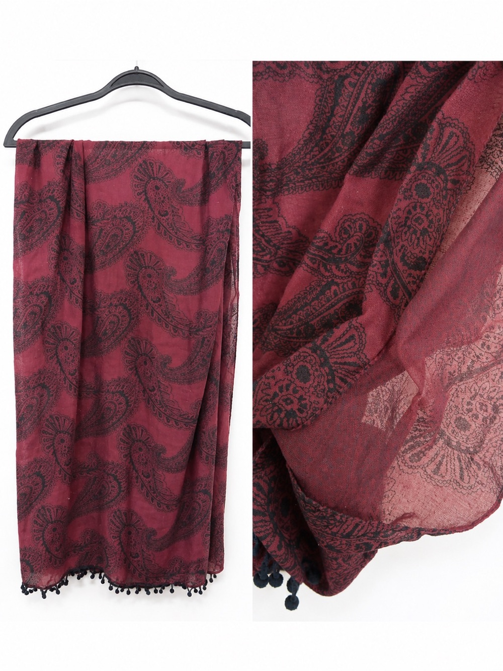 Women’s Burgundy Paisley Scarf with Pom Trim